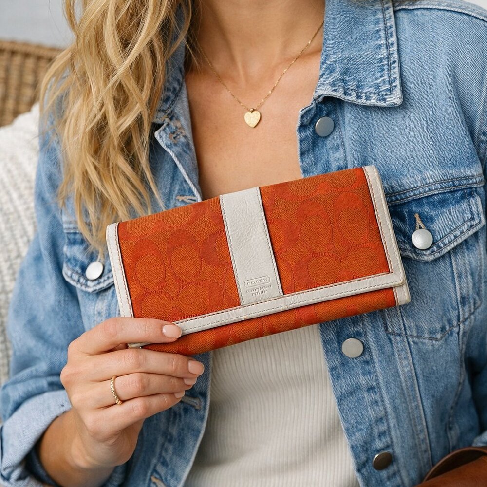Coach Orange Signature Jacquard Trifold Wallet | Checkbook Clutch - Picture 2 of 11